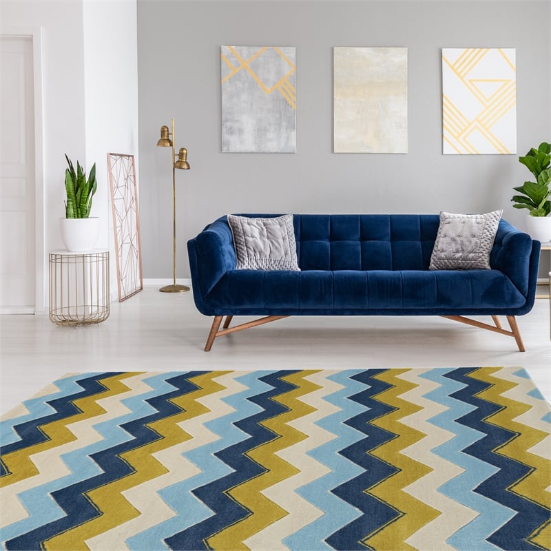 Linon Trio Zag Hand Tufted Polyester 8'x10' Rug in Blue