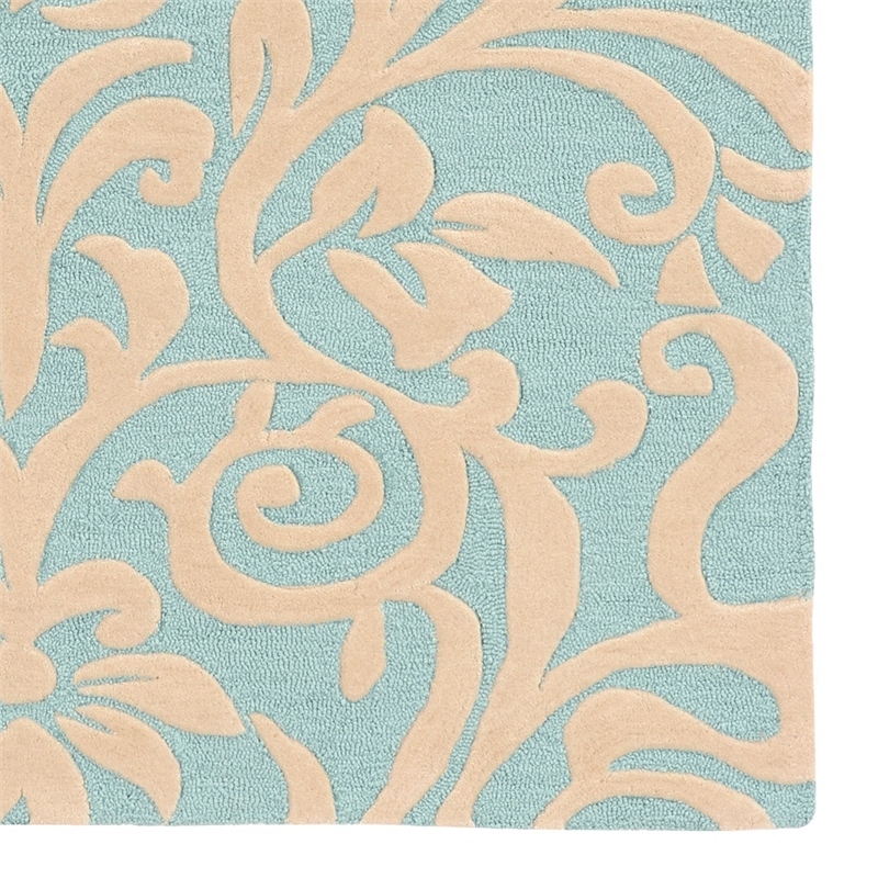 Linon Trio Damask Hand Tufted Polyester 5'x7' Rug in Aqua Blue and Ivory