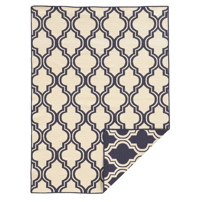 Linon Salonika Quatrefoil Reversible Woven Wool 5'x8' Rug in Blue