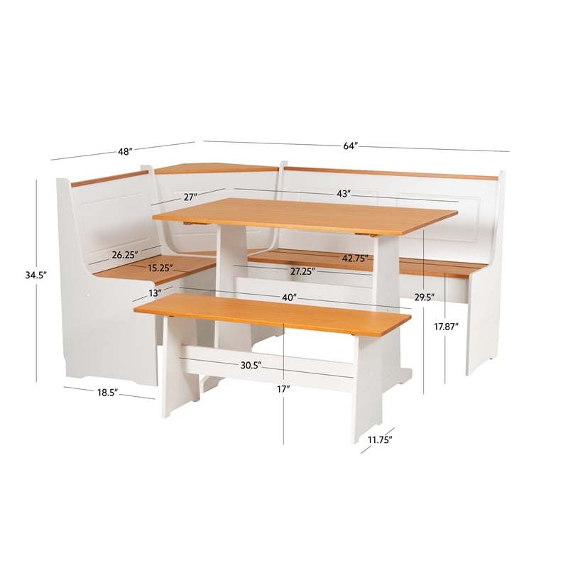 Linon Ardmore Pine Wood Corner Nook Dining Set with Storage in White and Natural