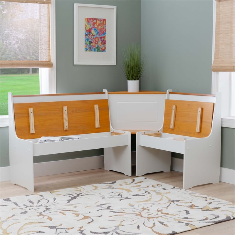 Linon Ardmore Pine Wood Corner Nook Dining Set with Storage in White and Natural