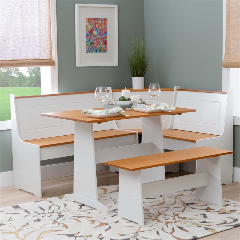 Linon Ardmore Pine Wood Corner Nook Dining Set with Storage in White and Natural