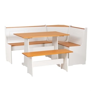 Linon Ardmore Pine Wood Corner Nook Dining Set with Storage in White and Natural