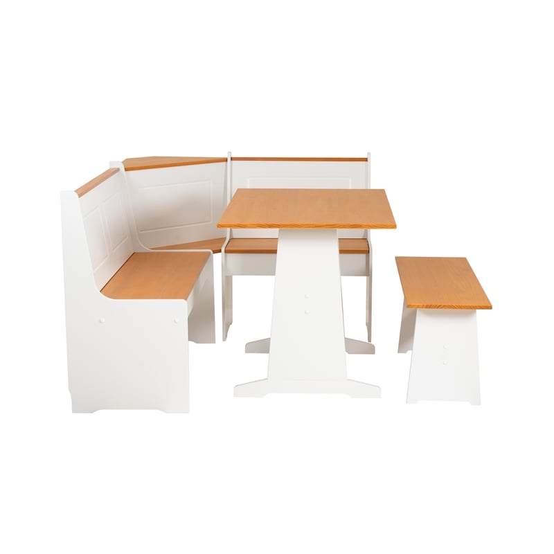 Linon Ardmore Pine Wood Corner Nook Dining Set with Storage in White and Natural