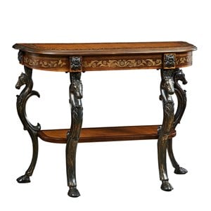 Linon Masterpiece Floral Demilune Metal and Wood Console Table in Brown