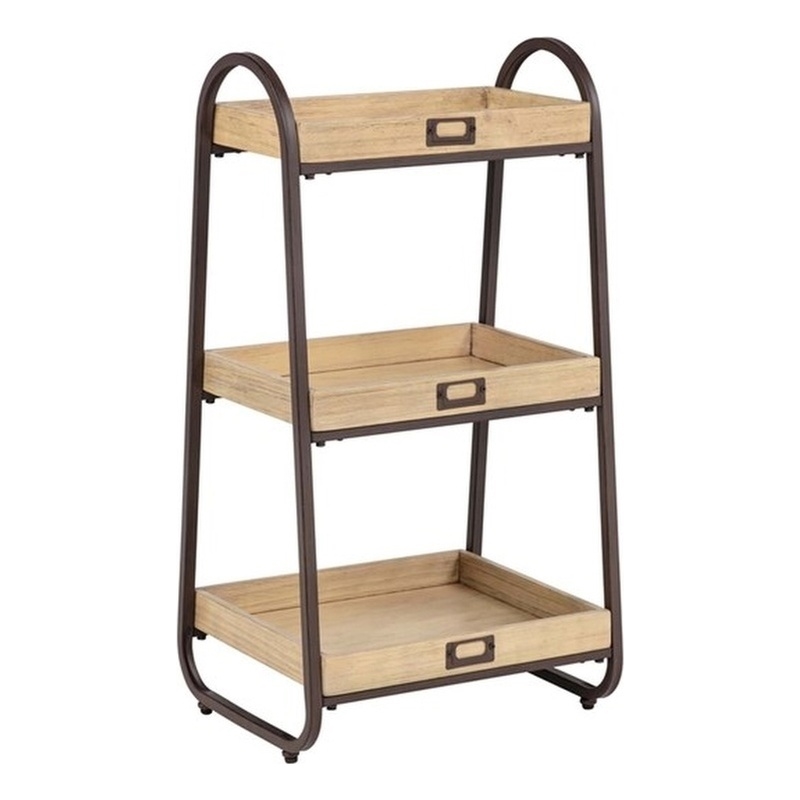 Linon Three Tiered Storage Stand in Rustic Brown Metal and Natural Wood