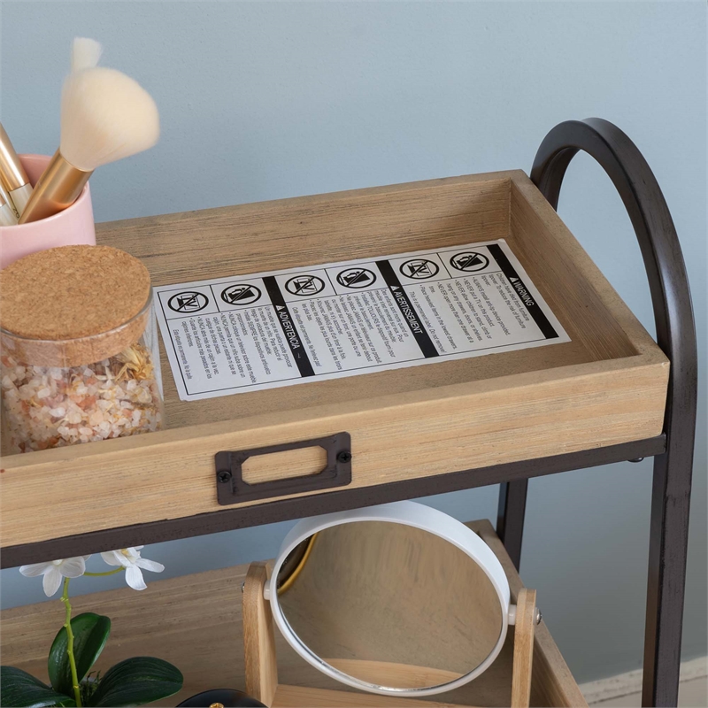Linon Three Tiered Storage Stand in Rustic Brown Metal and Natural Wood