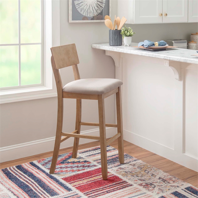 Linon Jordan Wood Bar Stool with Grey Padded Seat in Grey Wash Glaze Finish