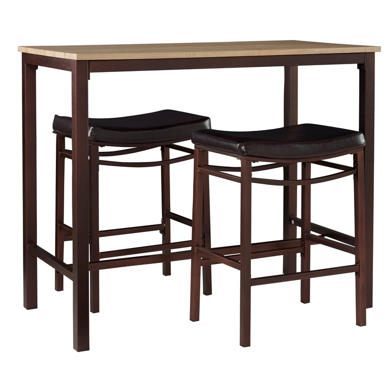 Linon Holly 3 Piece Steel & Wood Counter Height Pub Set Padded Seats in Brown