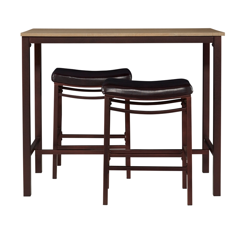 Linon Holly 3 Piece Steel & Wood Counter Height Pub Set Padded Seats in Brown