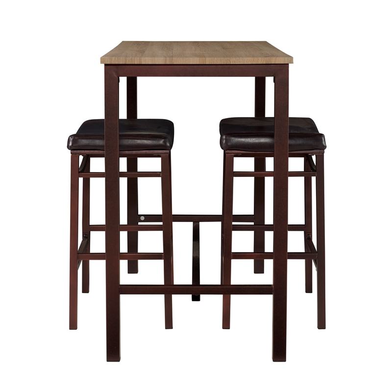 Linon Holly 3 Piece Steel & Wood Counter Height Pub Set Padded Seats in Brown