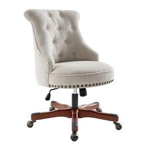 Linon Sinclair Upholstered Office Chair Wood Base with Wheels in Natural Beige