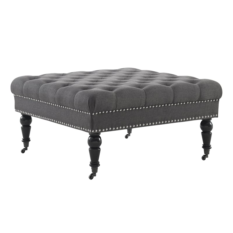 Linon Isabelle Square Upholstered Ottoman Black Legs in Charcoal Gray Fabric