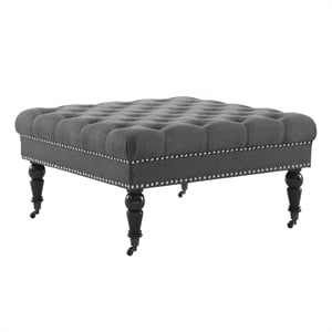 Linon Isabelle Square Upholstered Ottoman Black Legs in Charcoal Gray Fabric