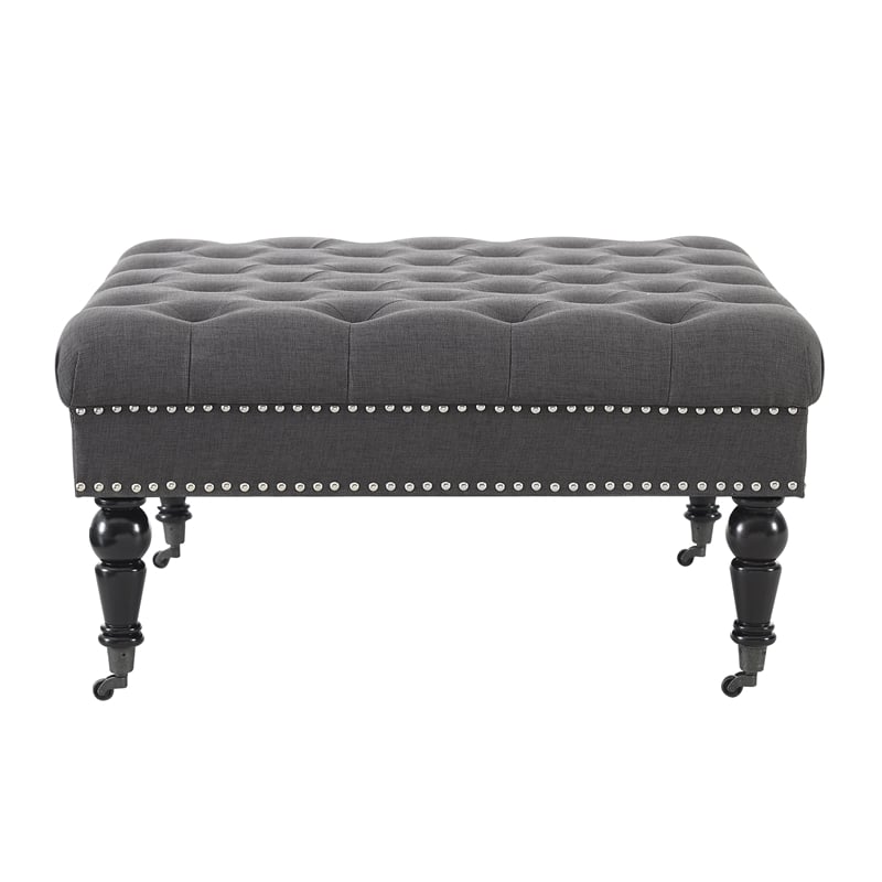 Linon Isabelle Square Upholstered Ottoman Black Legs in Charcoal Gray Fabric