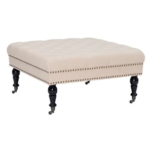 Linon Isabelle Square Upholstered Ottoman Black Legs in Natural Beige Fabric