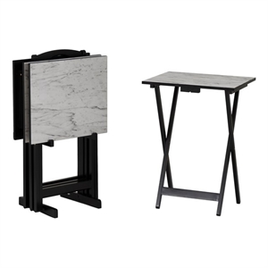Linon Five Piece Faux Marble Folding Tray Table Set with Stand in Black Wood