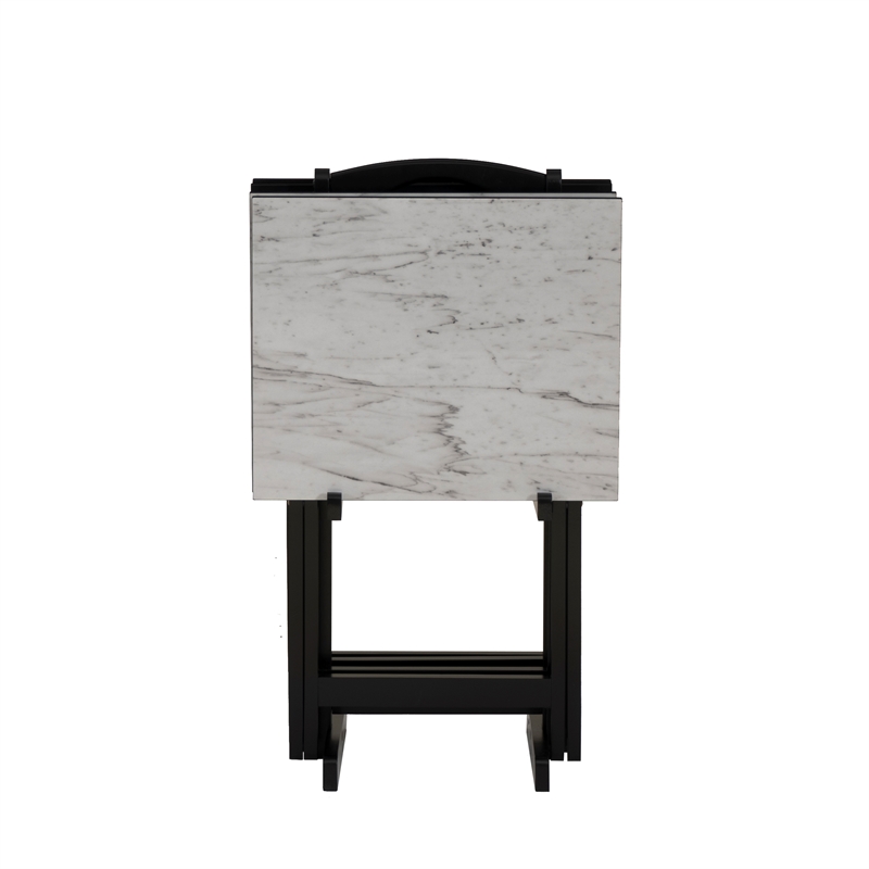 Linon Five Piece Faux Marble Folding Tray Table Set with Stand in Black Wood
