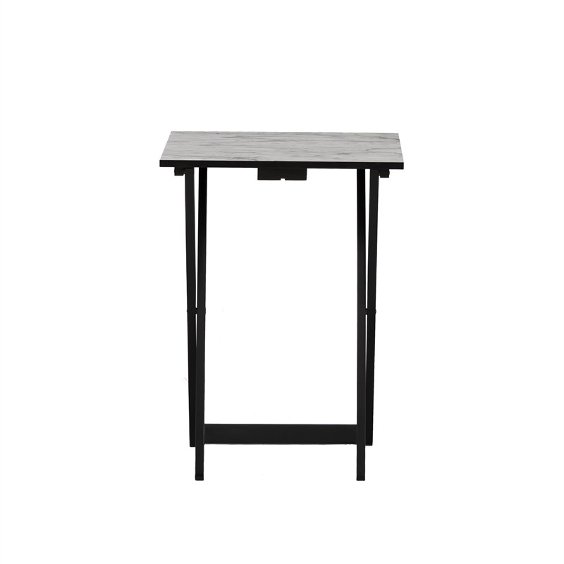 Linon Five Piece Faux Marble Folding Tray Table Set with Stand in Black Wood