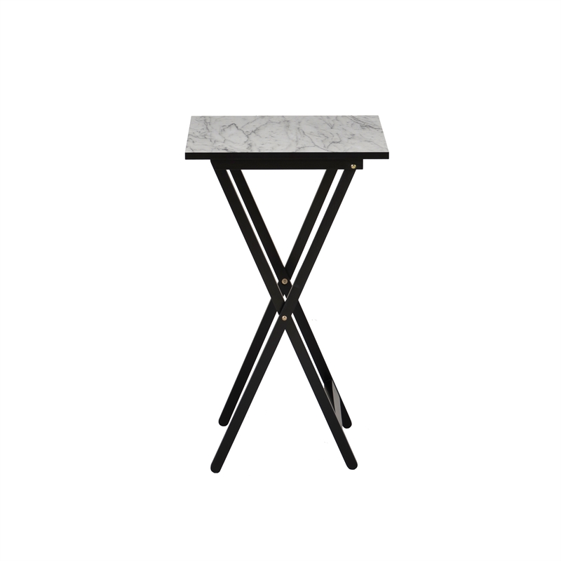 Linon Five Piece Faux Marble Folding Tray Table Set with Stand in Black Wood