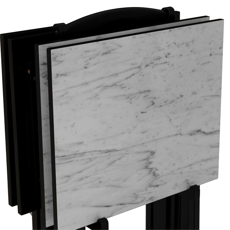 Linon Five Piece Faux Marble Folding Tray Table Set with Stand in Black Wood