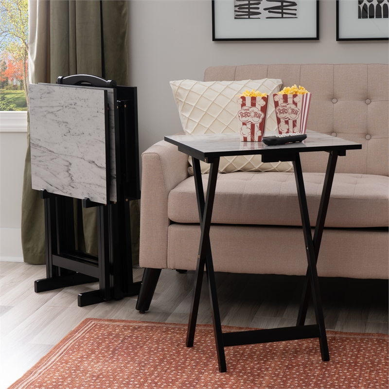 Linon Five Piece Faux Marble Folding Tray Table Set with Stand in Black Wood