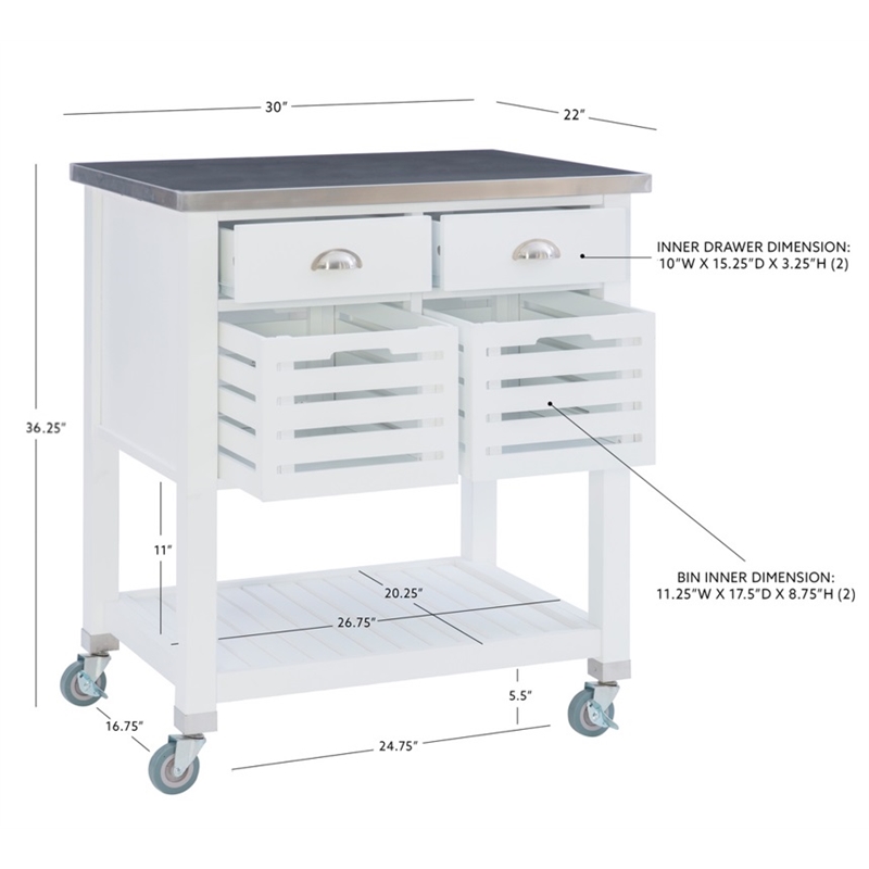 Linon Robbin Wood Rolling Kitchen Storage and Prep Cart in White