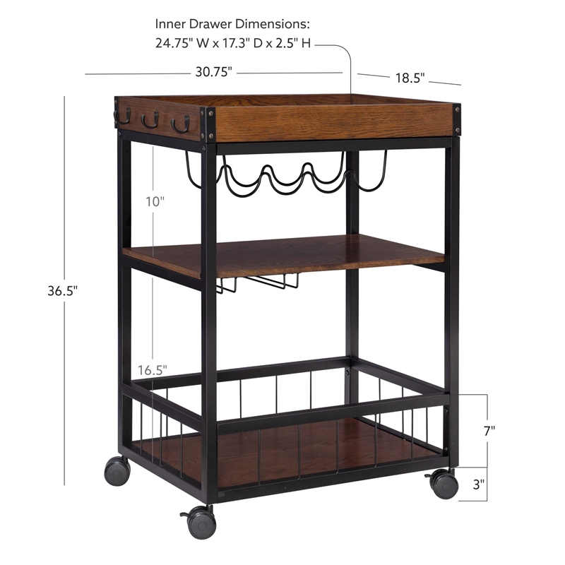 Linon Austin Rolling Metal Wood Bar Cart 3 Shelves Wine and Glass Rack in Brown