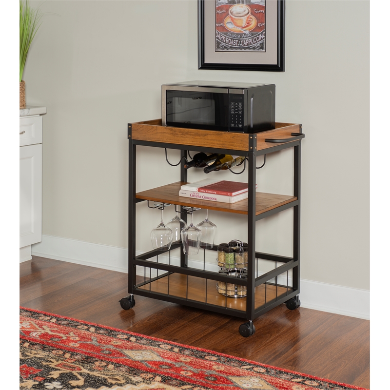 Linon Austin Rolling Metal Wood Bar Cart 3 Shelves Wine and Glass Rack in Brown