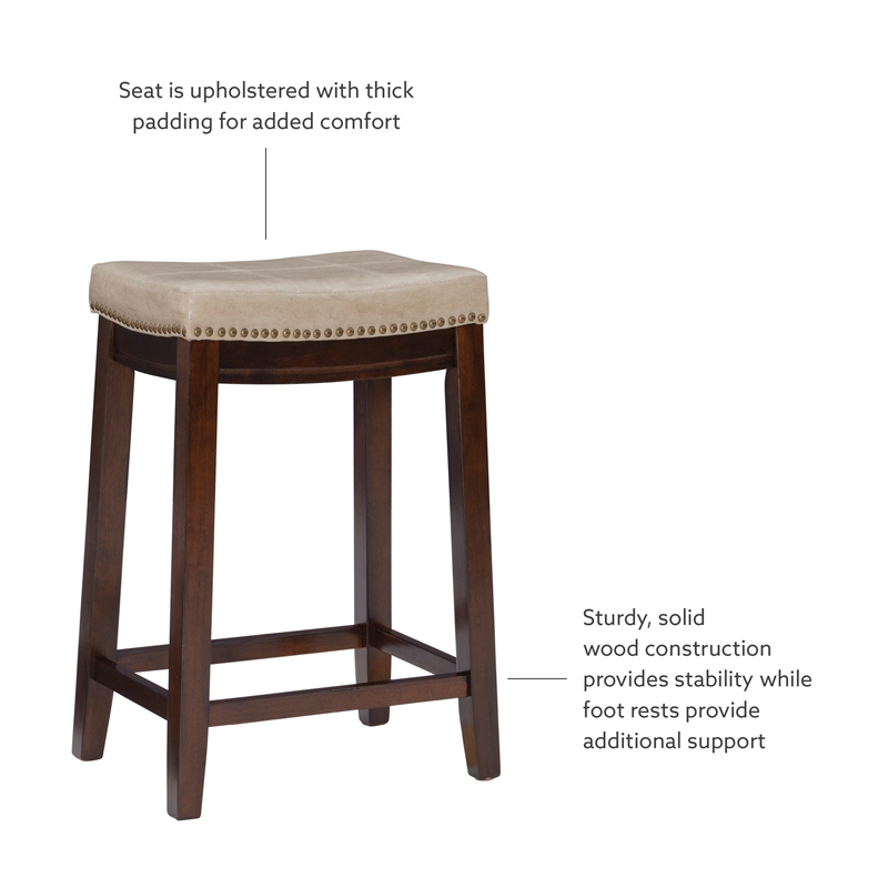 Linon Claridge Backless Counter Stool Beige Faux Leather Wood Frame in Brown