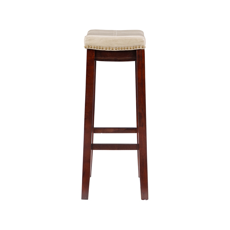 Linon Claridge Backless Bar Stool Beige Faux Leather Wood Frame in Brown Finish
