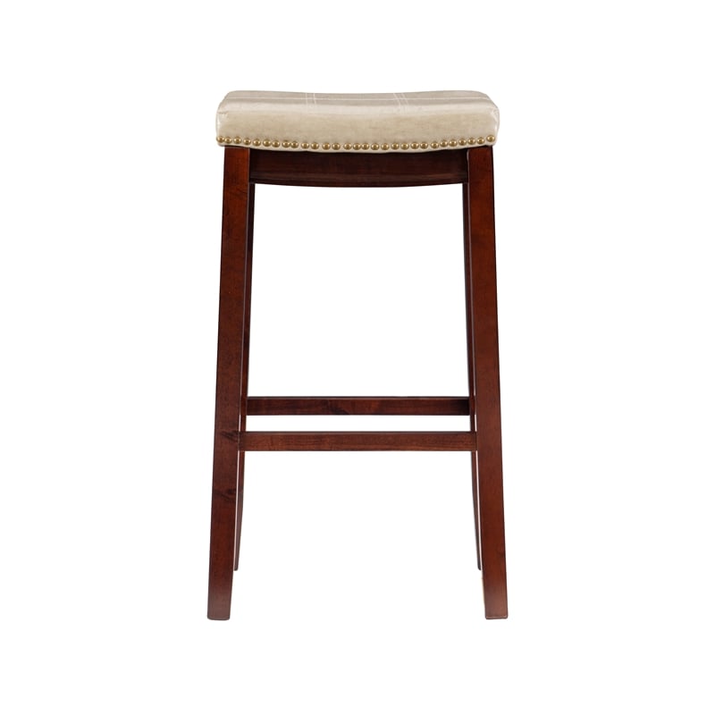 Linon Claridge Backless Bar Stool Beige Faux Leather Wood Frame in Brown Finish