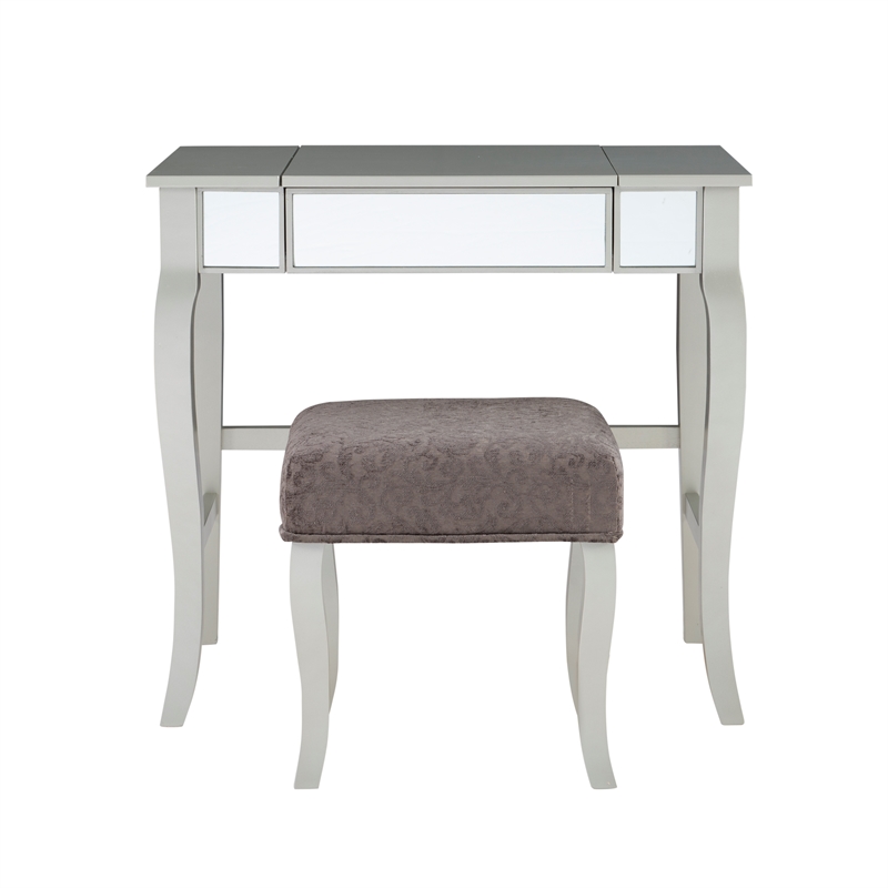 Linon Harper Wood Vanity & Padded Stool Set Front/Side Mirrored Panels in Silver