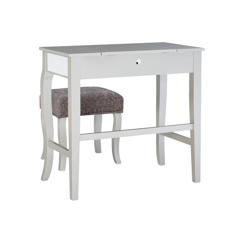 Linon Harper Wood Vanity & Padded Stool Set Front/Side Mirrored Panels in Silver