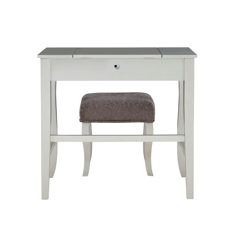 Linon Harper Wood Vanity & Padded Stool Set Front/Side Mirrored Panels in Silver