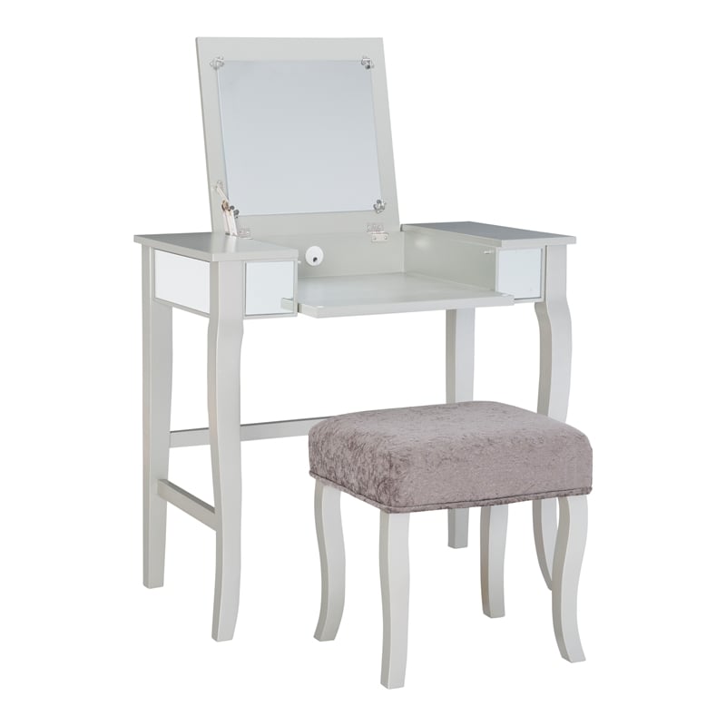 Linon Harper Wood Vanity & Padded Stool Set Front/Side Mirrored Panels in Silver