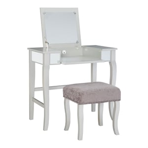 Linon Harper Wood Vanity & Padded Stool Set Front/Side Mirrored Panels in Silver