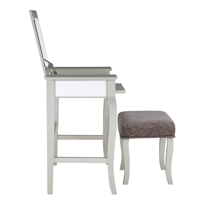 Linon Harper Wood Vanity & Padded Stool Set Front/Side Mirrored Panels in Silver