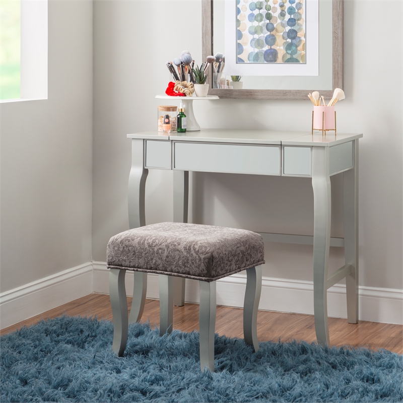 Linon Harper Wood Vanity & Padded Stool Set Front/Side Mirrored Panels in Silver