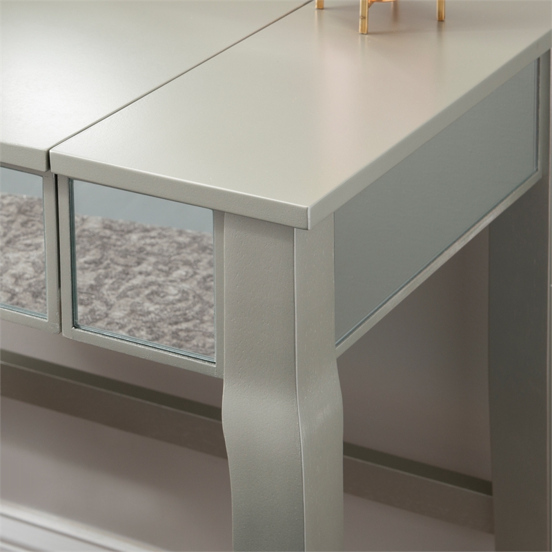 Linon Harper Wood Vanity & Padded Stool Set Front/Side Mirrored Panels in Silver