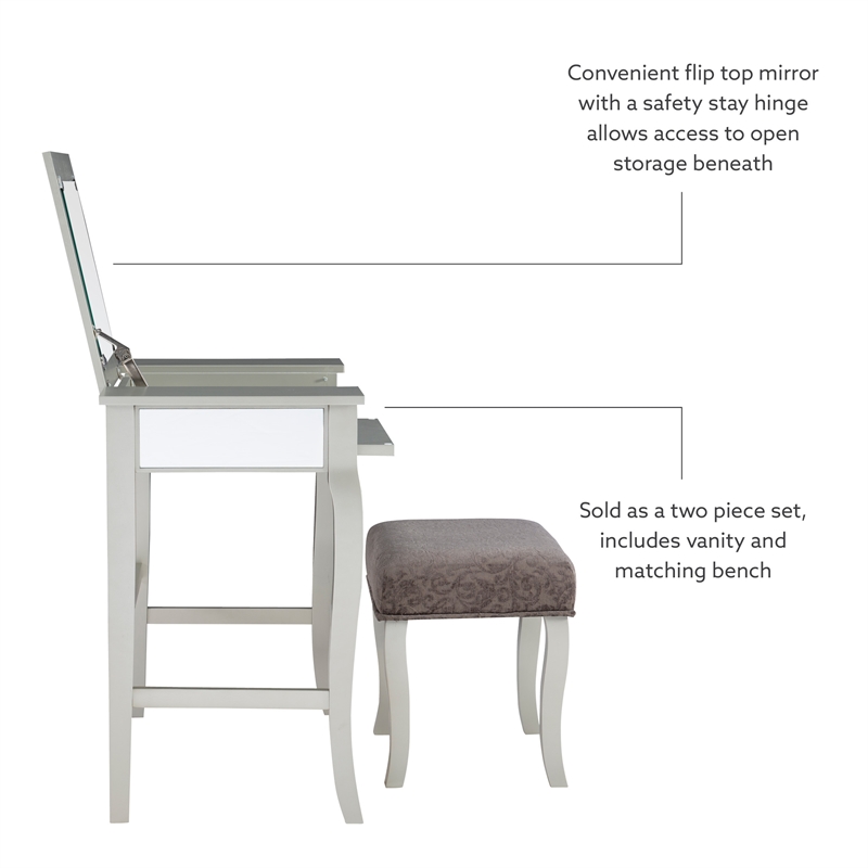 Linon Harper Wood Vanity & Padded Stool Set Front/Side Mirrored Panels in Silver