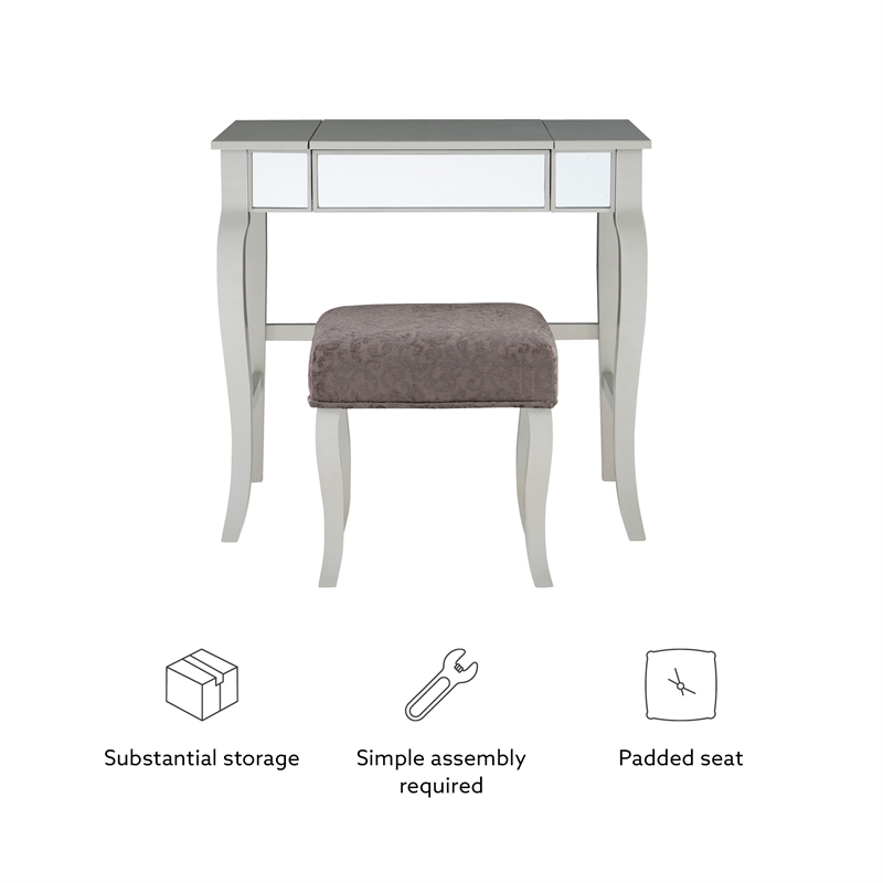Linon Harper Wood Vanity & Padded Stool Set Front/Side Mirrored Panels in Silver