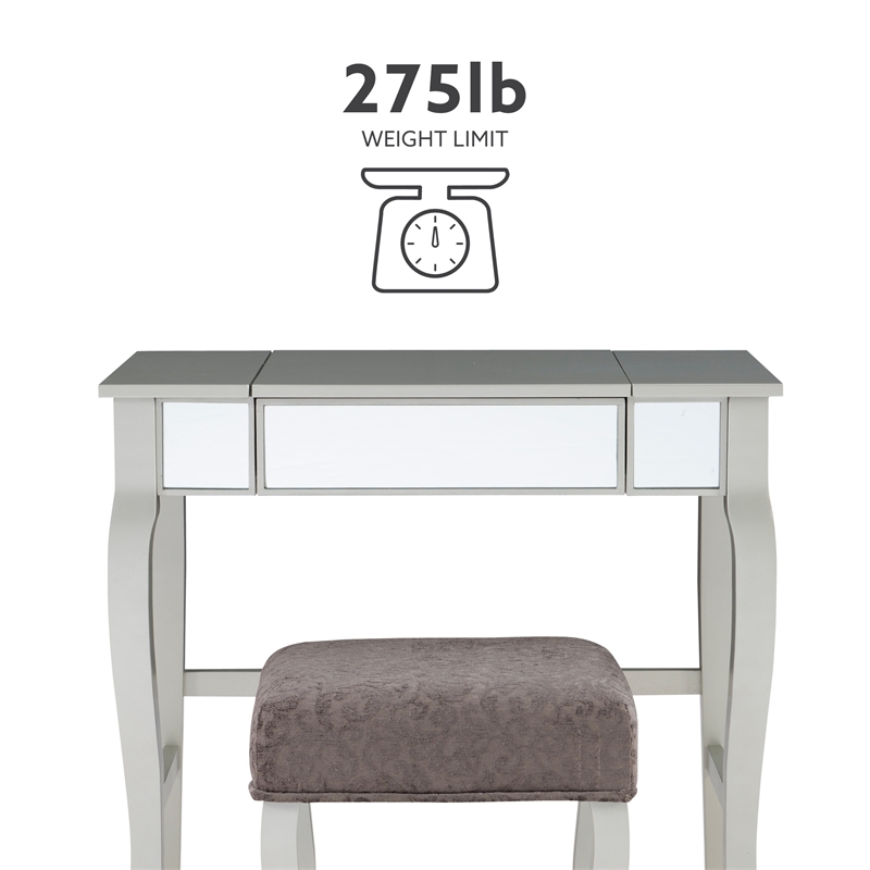 Linon Harper Wood Vanity & Padded Stool Set Front/Side Mirrored Panels in Silver