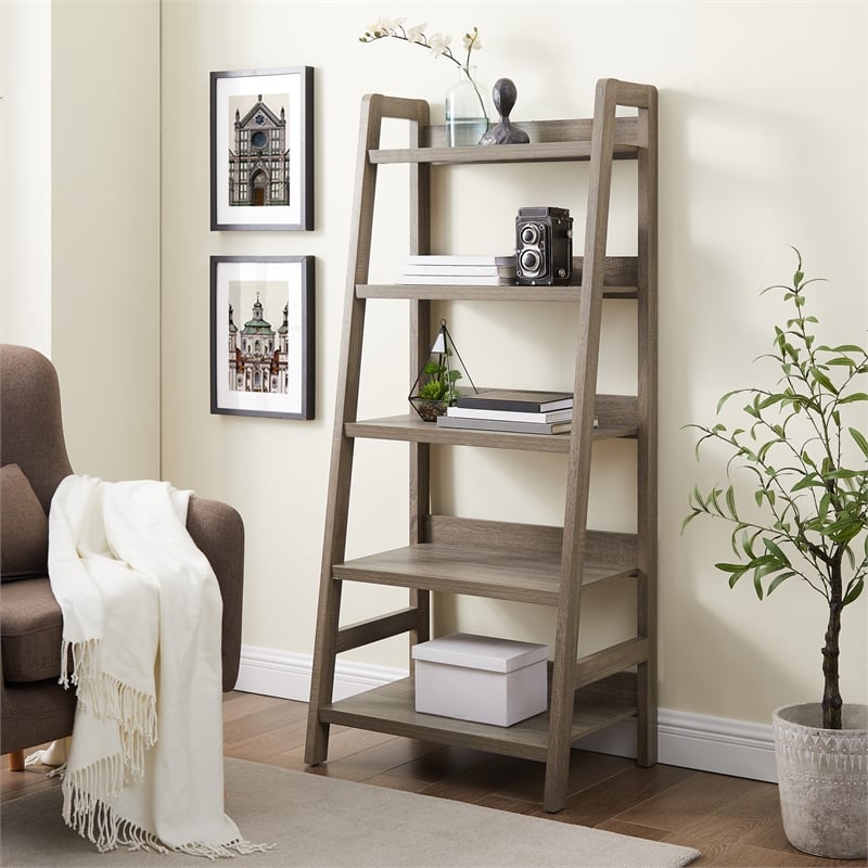 Linon Tracey Five Open Shelf Wood Ladder Bookcase in Gray Finish