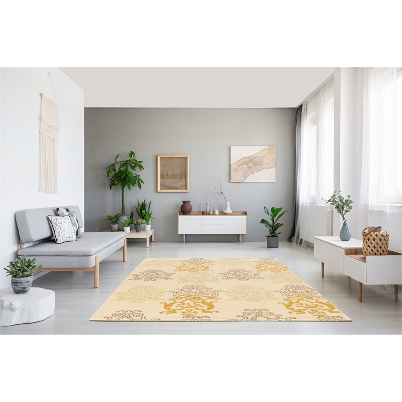 Linon Aspire Damask Hand Tufted Wool 8'x11' Rug in Ivory