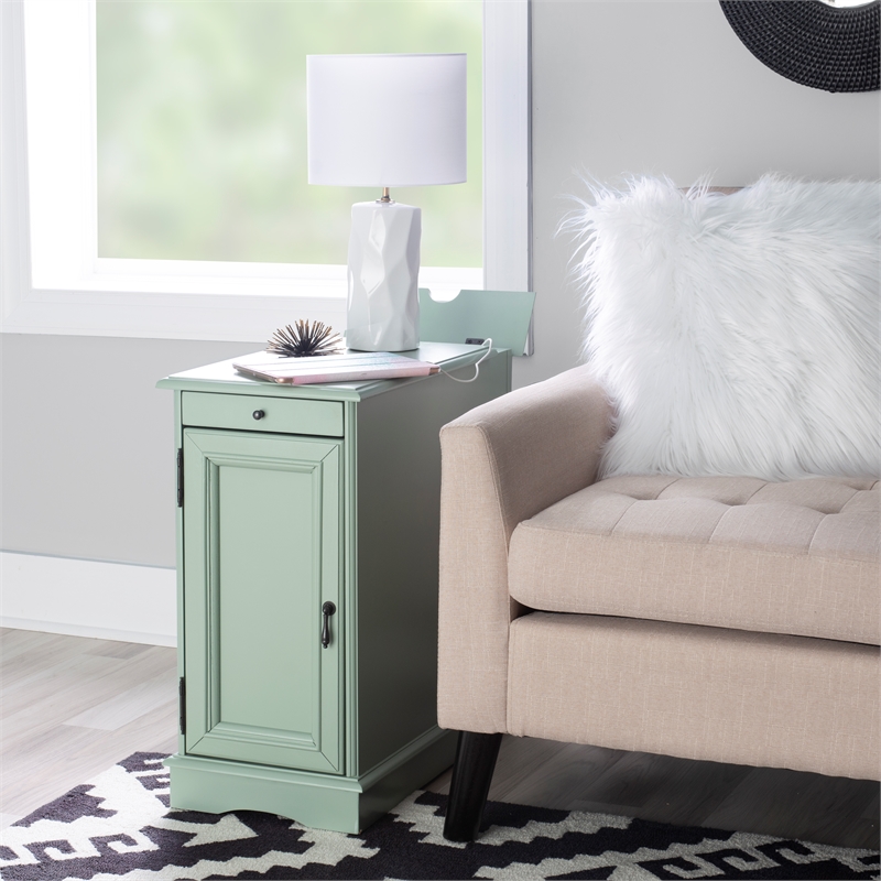 Linon Bartow Multi Function Storage Accent Table USB Charging in Aqua Blue Wood