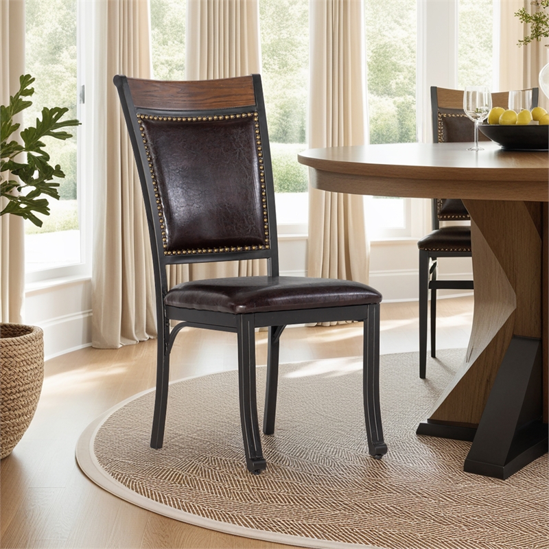 Linon Franklin Metal Faux Leather Dining Chairs in Rustic Umber Brown (Set of 2)