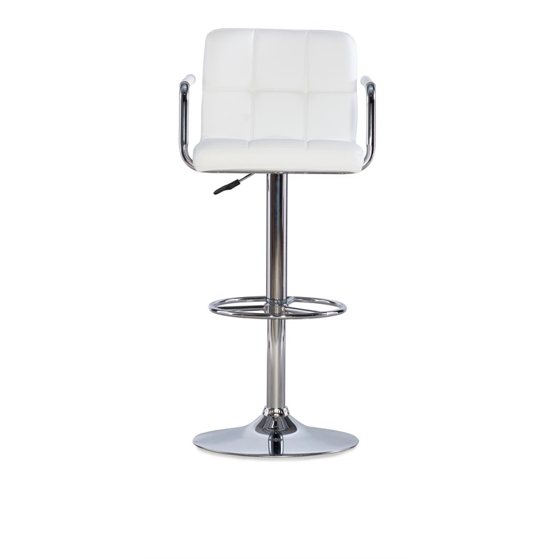 Linon White Quilted Faux Leather Gas-Lift Adjustable Swivel Bar Stool in Chrome
