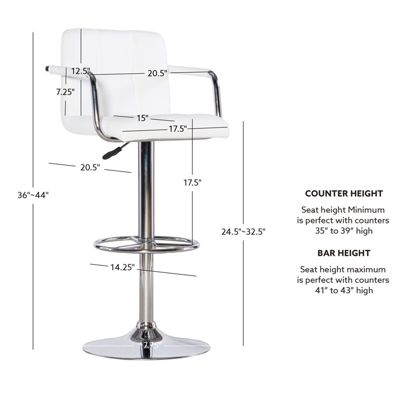 Linon White Quilted Faux Leather Gas-Lift Adjustable Swivel Bar Stool in Chrome