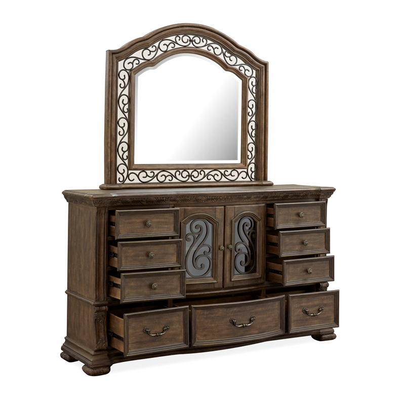 Magnussen Home Durango Willadeene Brown Drawer Dresser With Shaped Mirror
